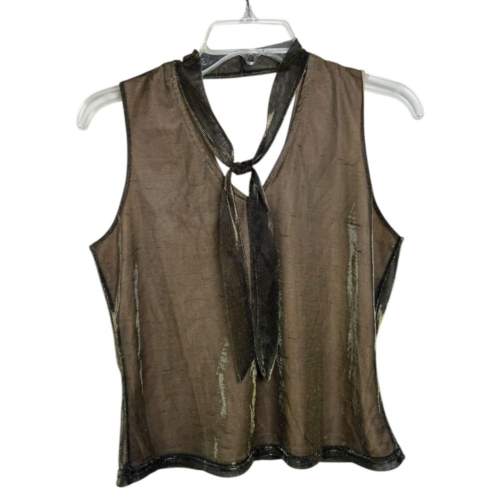 Vintage 80s Tie Neck Sleeveless Top Size Small Gold Metallic
